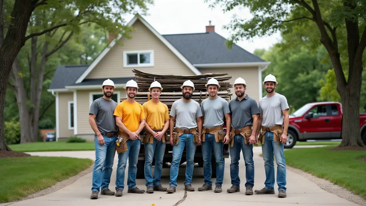 The Ironbridge Roofing crew on a driveway in front of a Quad Cities house at the start of a job